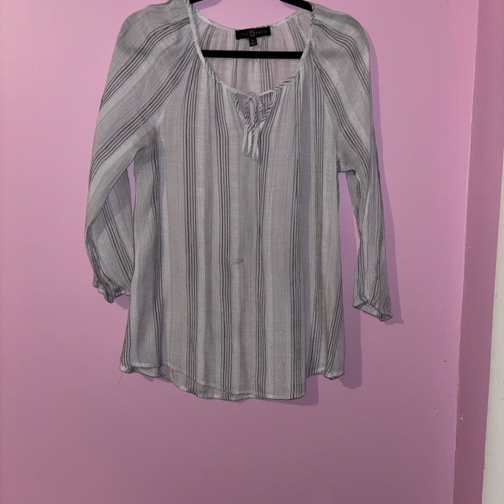 Fred David Gray and Tan 3/4 Sleeve Tie Front Blouse
